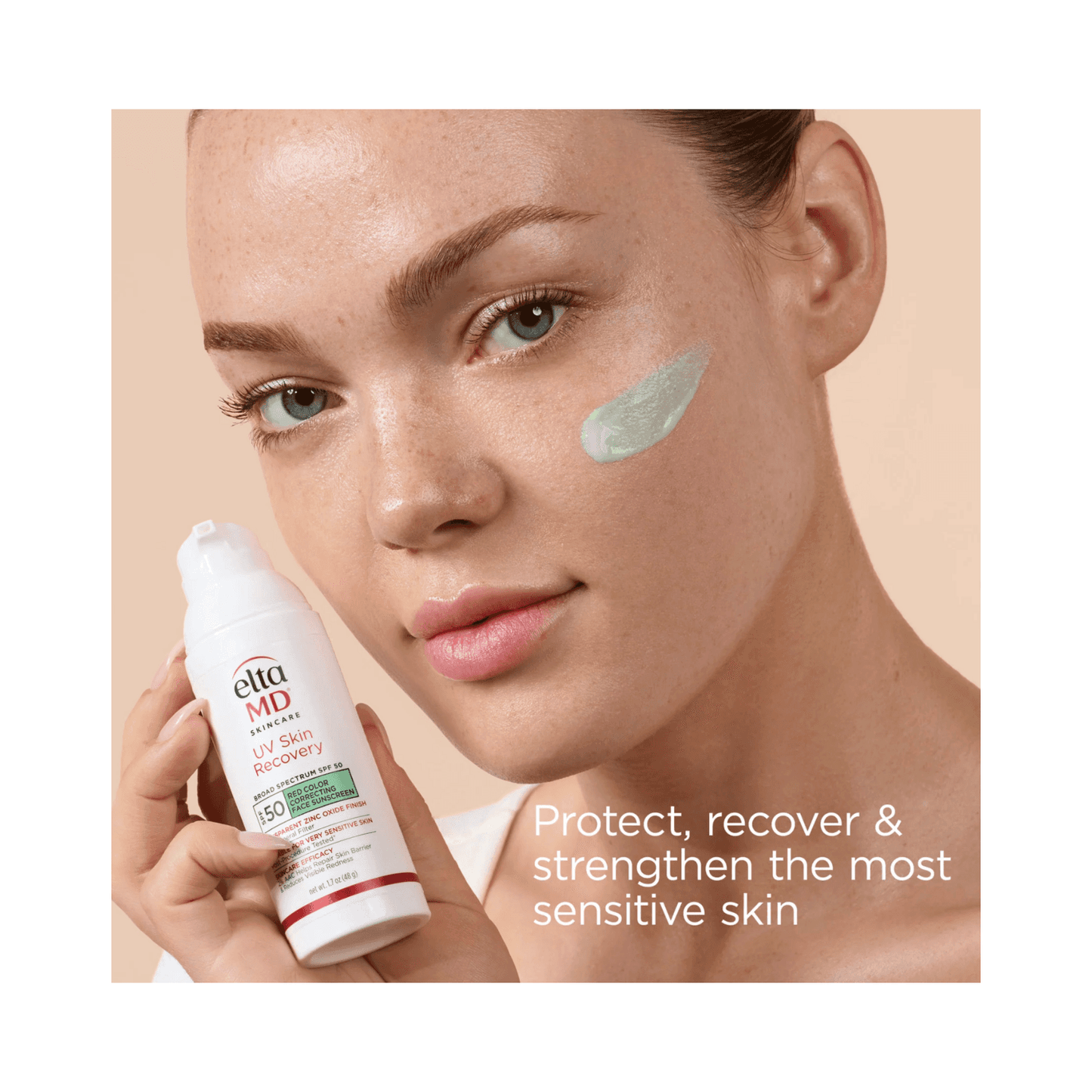 Model applies EltaMD UV Skin Recovery SPF 50, showcasing its green tint that protects and calms sensitive post-procedure skin.