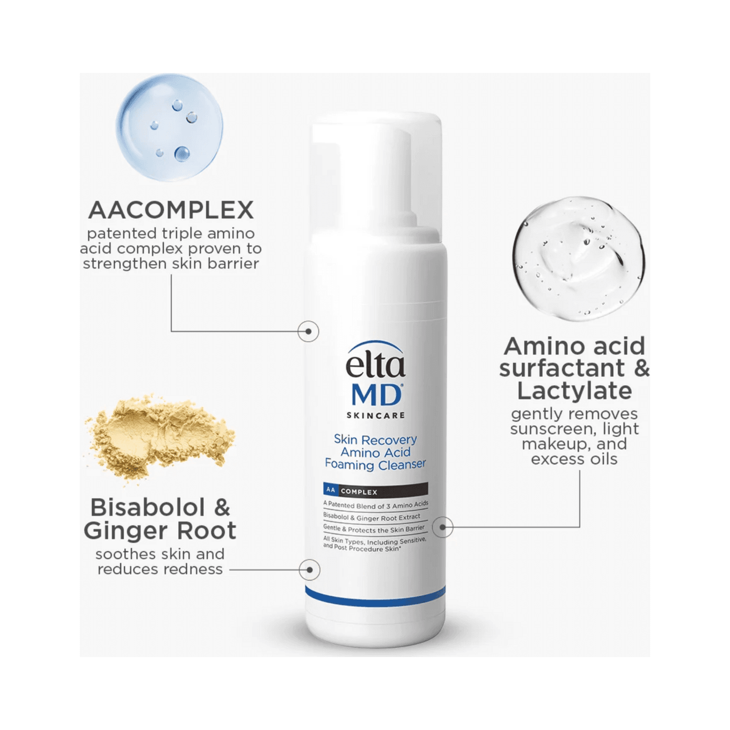 EltaMD Amino Acid Foaming Cleanser with Bisabolol, ginger root, and AAComplex gently removes impurities while calming sensitive skin.