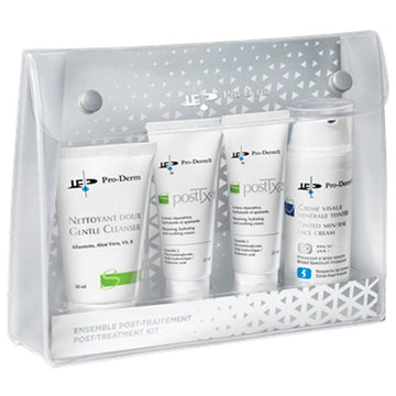 ProDerm Post Treatment Kit featuring gentle cleanser, soothing creams, and tinted face cream for post-procedure skincare recovery.