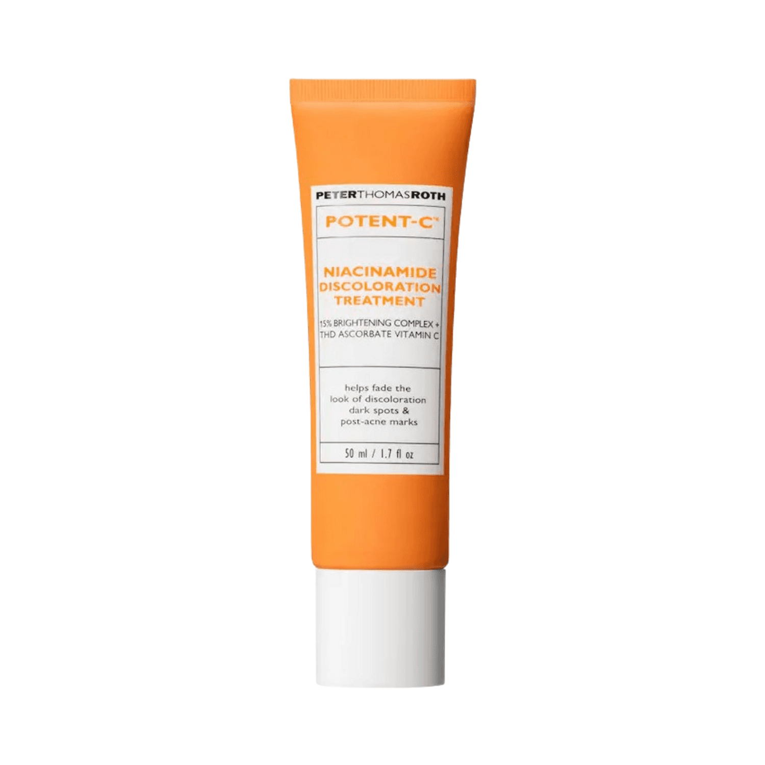 Niacinamide Discoloration Treatment by Peter Thomas Roth, 50ml tube with Vitamin C and Alpha Arbutin for acne scars and dull skin in skincare routine.