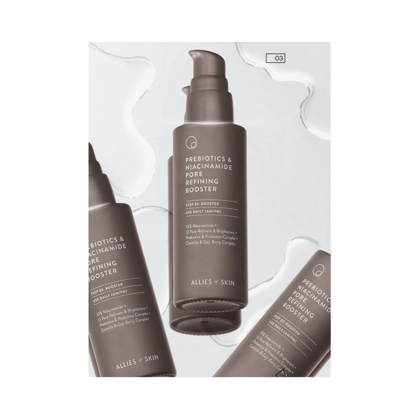 Flat lay of Allies of Skin Prebiotics & Niacinamide Serum bottles with serum texture. Enhances skin clarity and reduces visible pores.