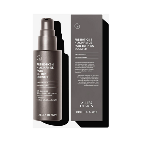 Allies of Skin Prebiotics & Niacinamide Serum with outer box packaging. 50ml treatment serum for mature skin, enriched with probiotics and brighteners.