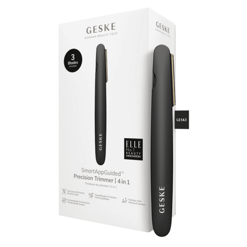 Geske Precision Trimmer 4 in 1 in retail packaging with 3 blades, highlighting SmartAppGuided features for smooth, targeted hair removal.