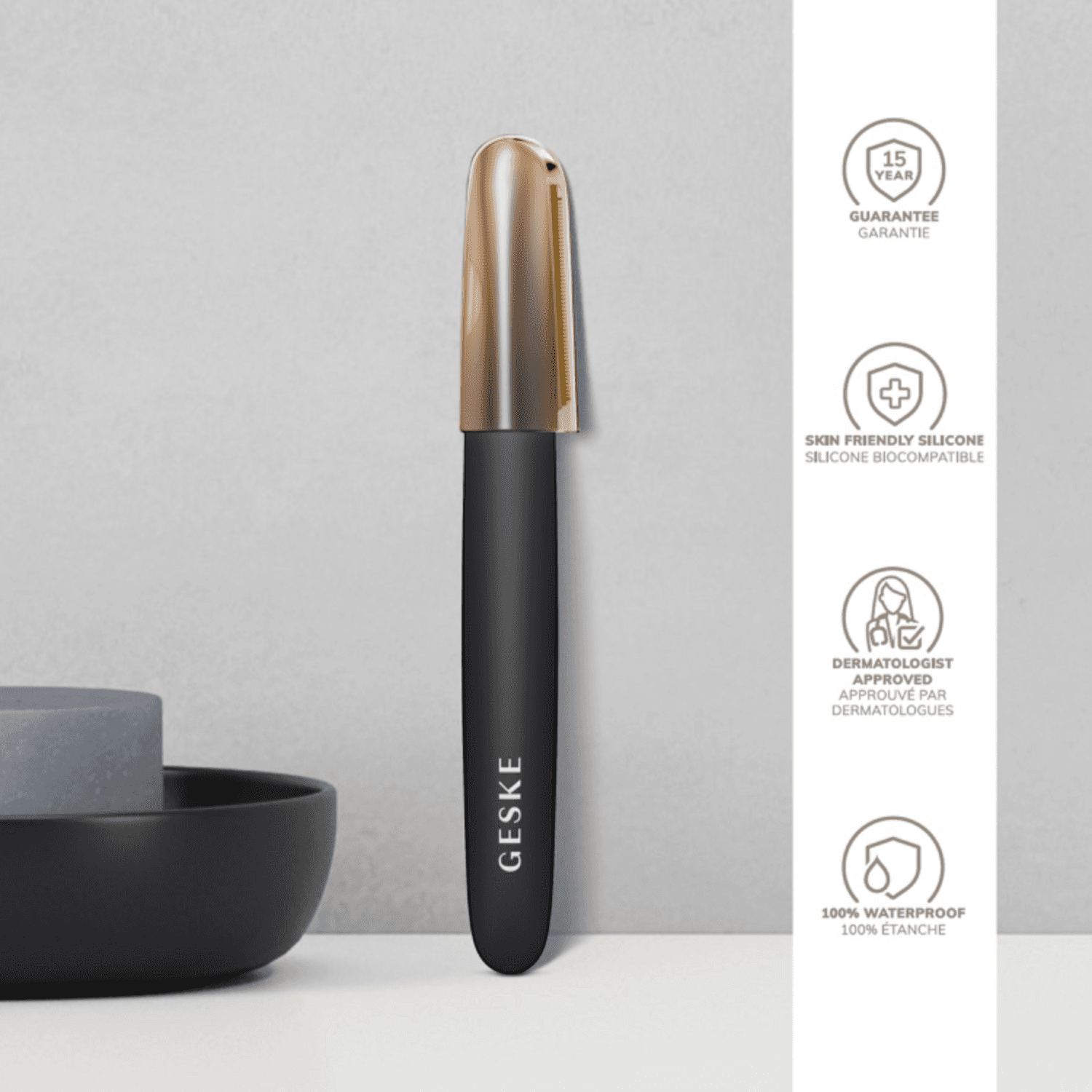 Geske Precision Trimmer 4 in 1 displayed upright with gold cap, emphasizing waterproof, skin-friendly silicone and dermatologist approval.