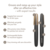 Geske Precision Trimmer 4 in 1 infographic showing benefits like rotary blades, painless trimming, and targeted hair removal for all skin types.