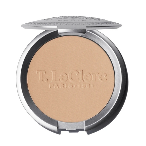 T LeClerc Pressed Powder in apricot beige shade with anti-aging properties. Enhances skin with a soft, natural finish for daily wear.