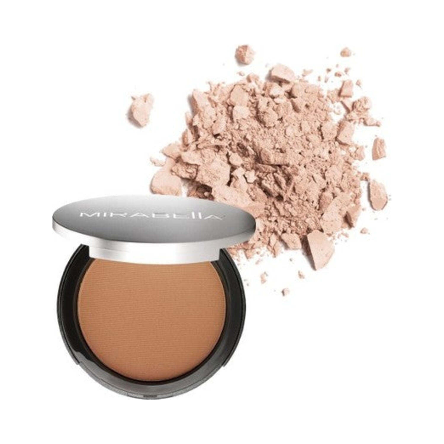 Mirabella Press Powder Foundation 10g shown with crushed powder, perfect for smooth, buildable coverage in face makeup category.