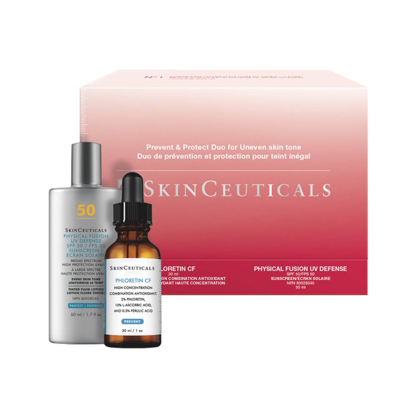 SkinCeuticals Duo - Prevent Protect kit featuring C E Ferulic serum and SPF 50 sunscreen for uneven skin tone care and anti-aging protection.