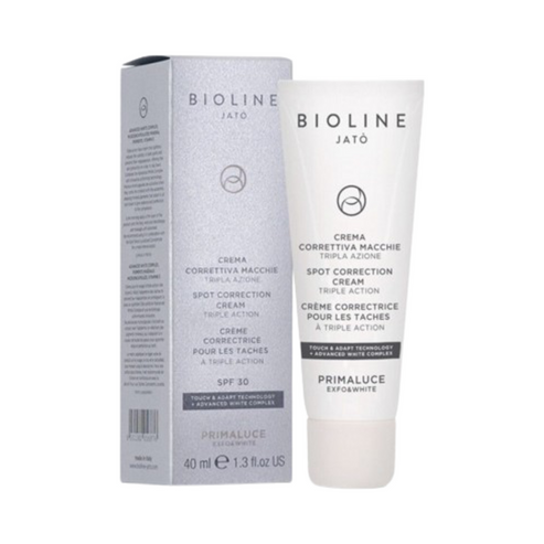 Bioline Primaluce Spot Correction - Triple Action Cream with SPF 30 in 40ml tube and box packaging. Targets dark spots and evens skin tone.