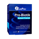 CanPrev Pro-Biotik Bowel Transit probiotic supplement box for digestion and constipation relief. Contains 30 vegetable capsules for bowel health.