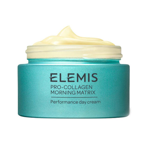 Elemis Pro-Collagen Moisturizer in teal jar with creamy texture, designed to improve firmness and elasticity. Silicone-free anti-ageing day cream.