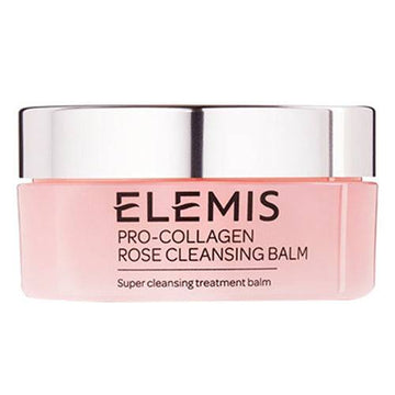 Elemis Pro-Collagen Rose Cleansing Balm in a closed pink jar with silver lid, ideal for deep cleansing and soothing facial skincare routines.