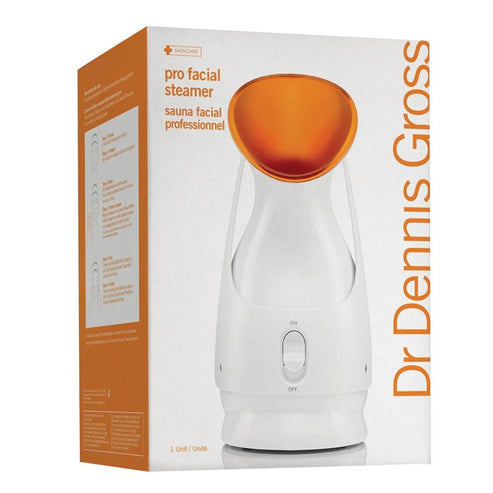 Box packaging of Dr Dennis Gross Facial Steamer - Hydrating Professional Device, showcasing the sleek white and orange skincare tool for spa-quality results.