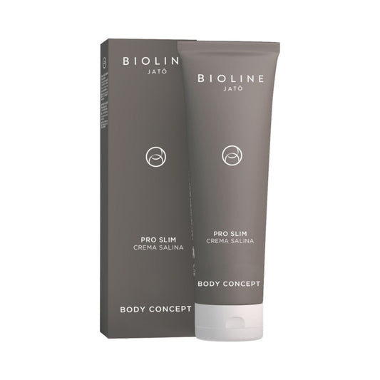 Bioline Pro-slim Saline Cream, 250 ml/8,5 fl oz kroppsbehandling i snygg grå tub med matchande låda, idealisk för vård av celluliter och hudfasthet.