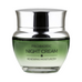 Close-up of probiotic night cream container with silver lid and green label