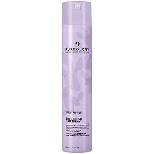 Pureology Soft Finish Hairspray in lavender bottle offers flexible, brushable hold with a non-dulling, fast-drying formula for color-treated hair.
