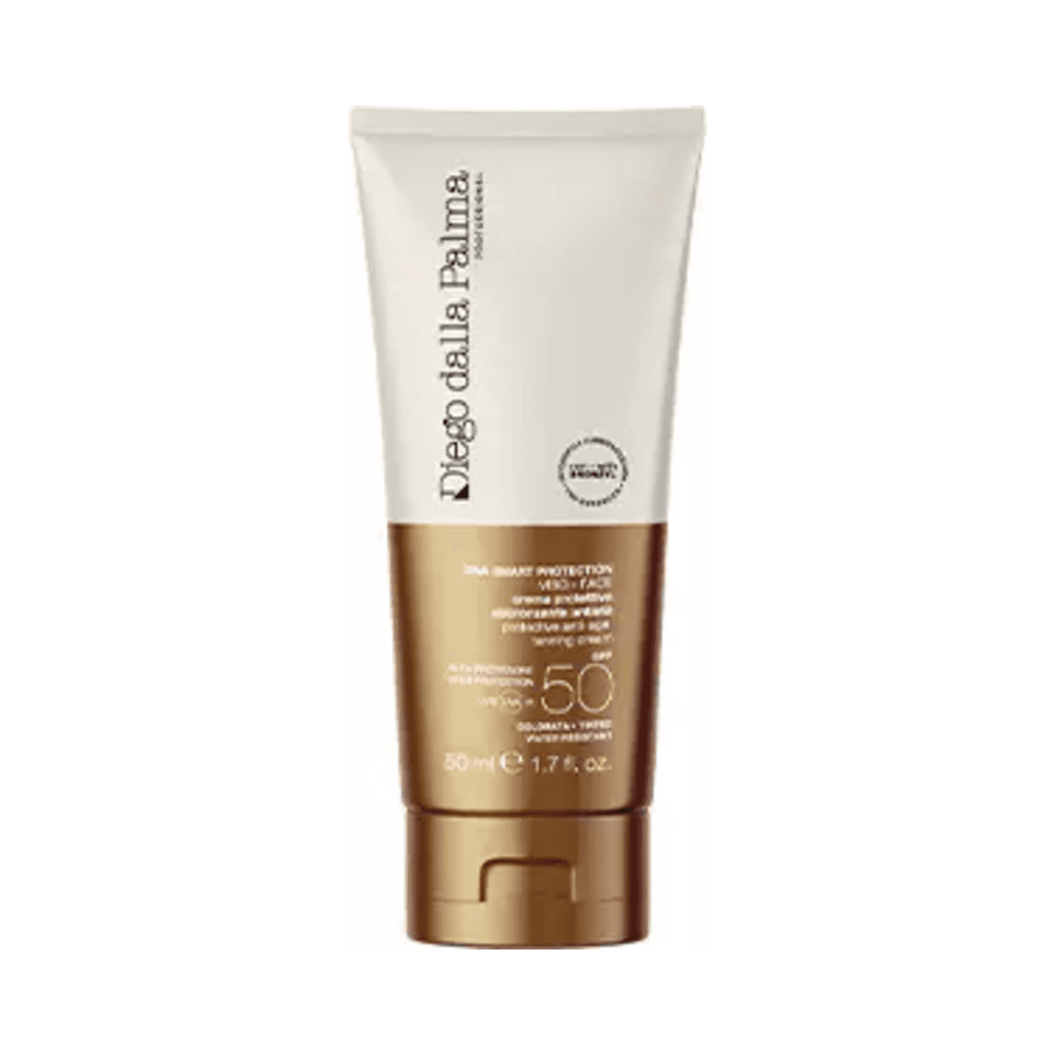 Diego dalla Palma Professional Protective Anti-age Tanning Cream SPF 50 in a 50ml gold and white tube for face sun protection and anti-aging care.