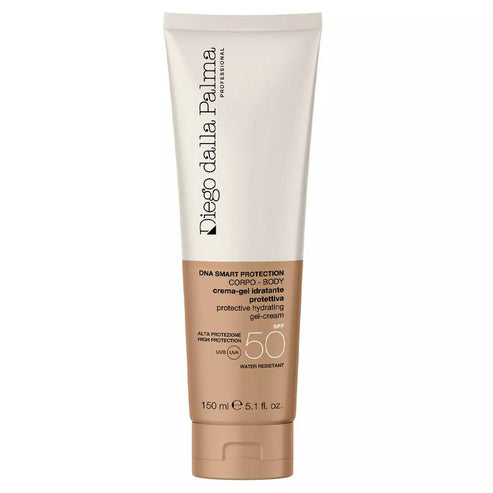 Diego dalla Palma Professional Protective Hydrating Gel-Cream SPF50 in 150 ml tube, water-resistant sunscreen for body with collagen and vitamin E.