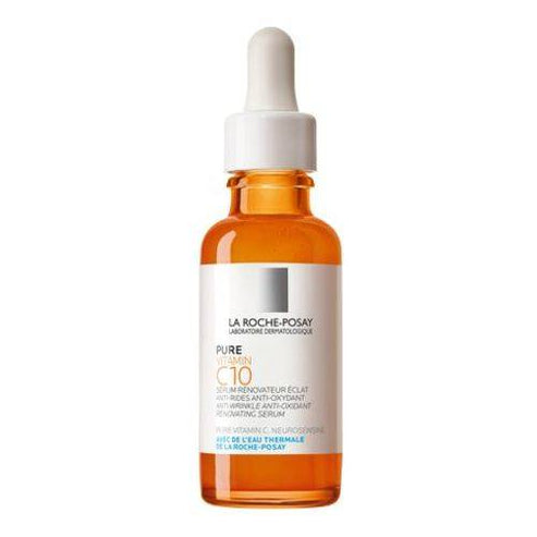 La Roche Posay Vitamin C10 Serum in amber glass bottle with dropper, anti-aging face serum for dull and uneven skin texture.