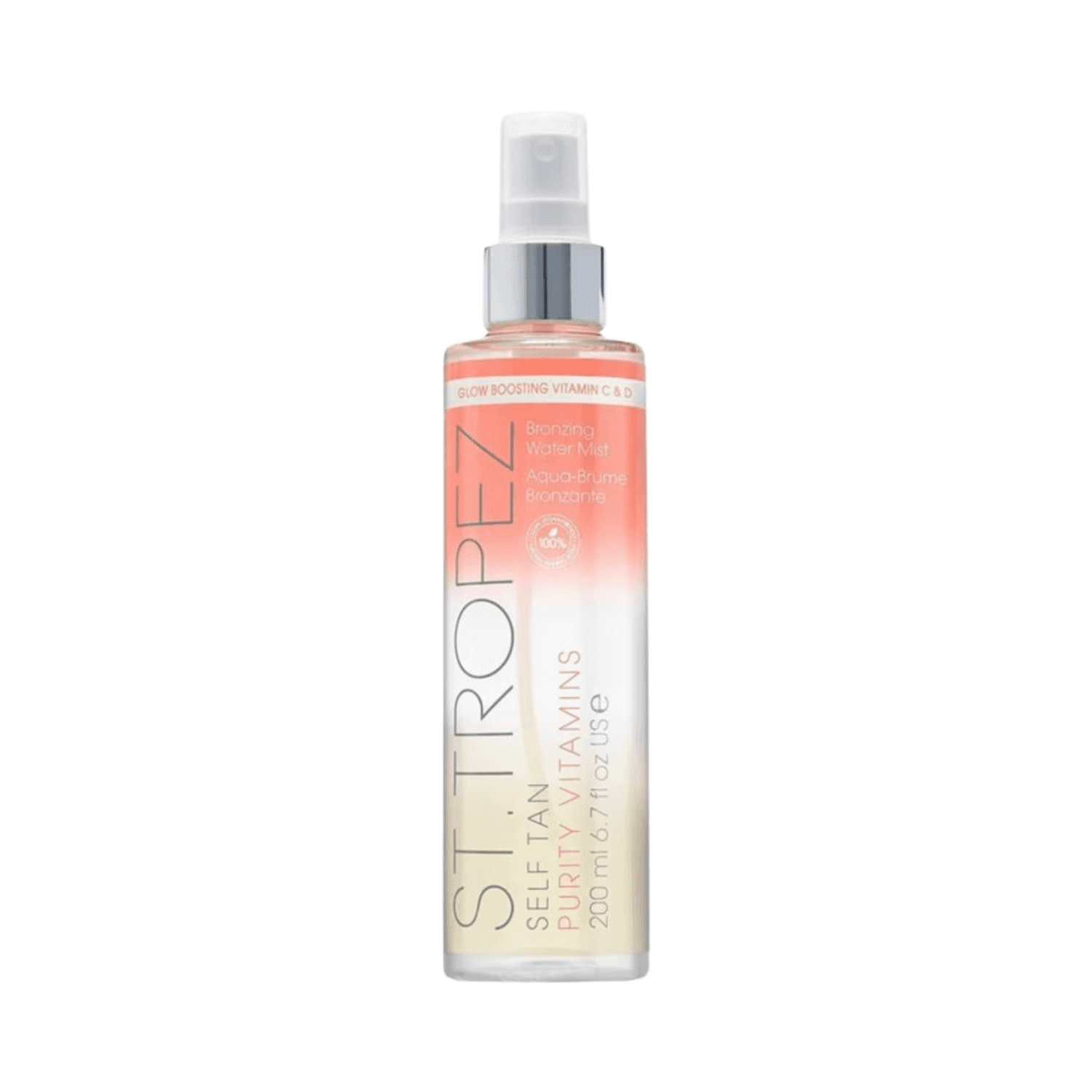 St Tropez Tan Purity Vitamin Mist for face, a clear bronzing water mist ideal for pale to medium skin tones, offering a UV-free sun-kissed tan.