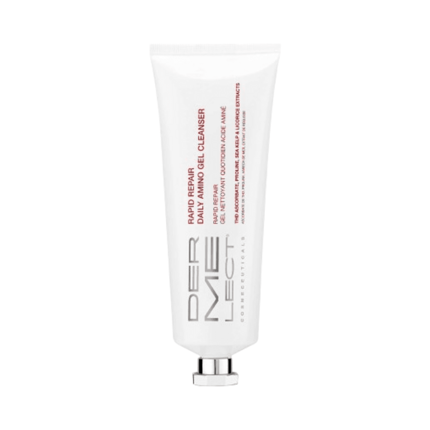 Dermelect RAPID REPAIR Amino Gel Cleanser in a sleek white tube with red and black text, ideal for deep facial cleansing and skin rejuvenation.