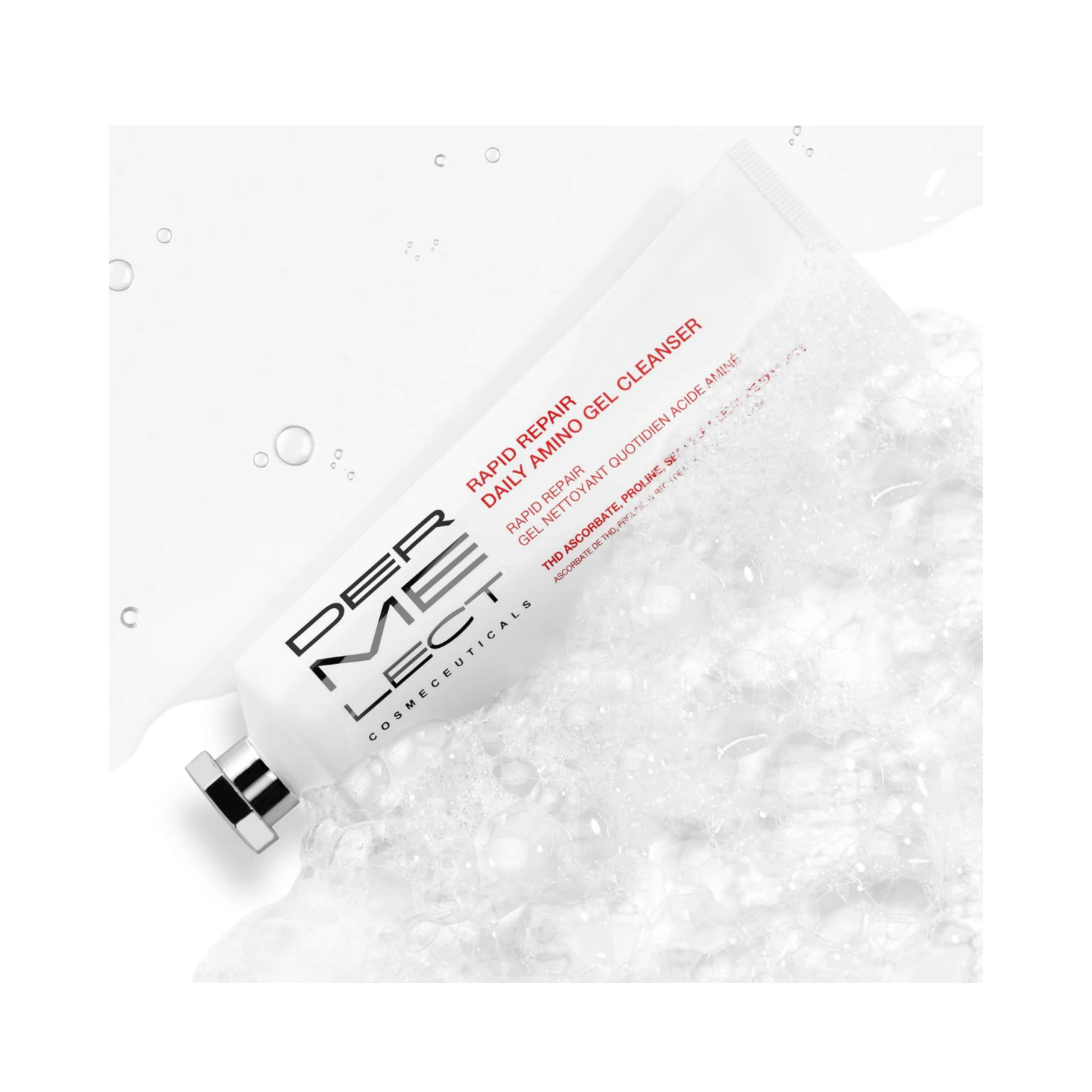 Dermelect RAPID REPAIR Amino Gel Cleanser tube surrounded by foam and water, emphasizing its deep cleansing and hydrating properties.