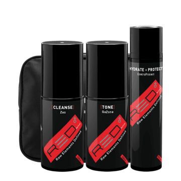 Men's skincare travel kit by Rhonda Allison REDMethod featuring cleanser, toner, and moisturizer for age control in a compact black pouch.