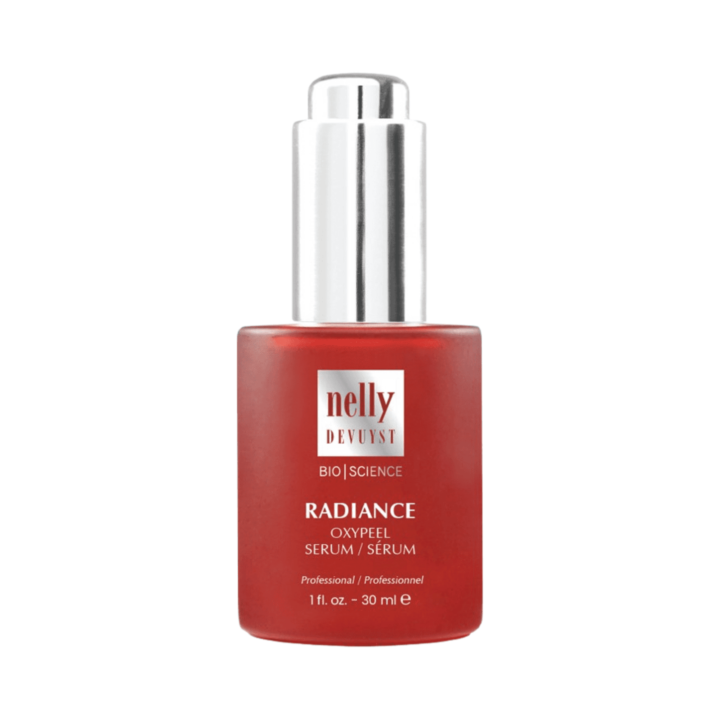Radiance Oxypeel Serum - Nelly Devuyst in a red 30 ml bottle with silver dropper, designed to target hormonal spots and discoloration.