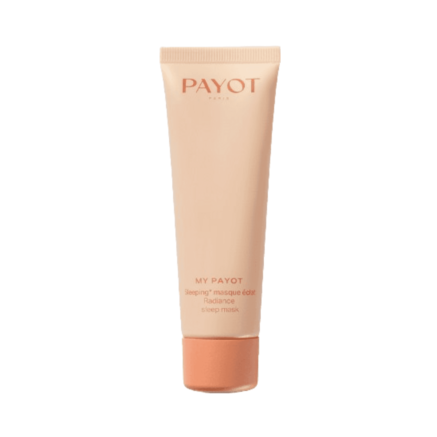 Payot Radiance Sleeping Mask tube with peach-toned packaging, designed for overnight hydration with hyaluronic acid and vitamin C.
