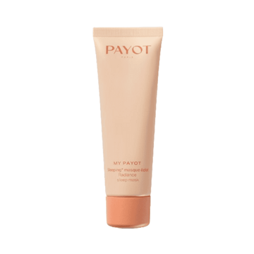 Payot Radiance Sleeping Mask tube with peach-toned packaging, designed for overnight hydration with hyaluronic acid and vitamin C.