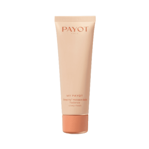 Payot Radiance Sleeping Mask tube with peach-toned packaging, designed for overnight hydration with hyaluronic acid and vitamin C.