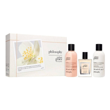 Philosophy Radiant Grace Gift Set - EDP Trio featuring eau de parfum, shower gel, and body emulsion in elegant packaging for body care and fragrance lovers.