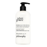 Philosophy Radiant Grace Firming Body Emulsion 480ml with pump dispenser. Hydrating body moisturiser to nourish, tone, and smooth skin.