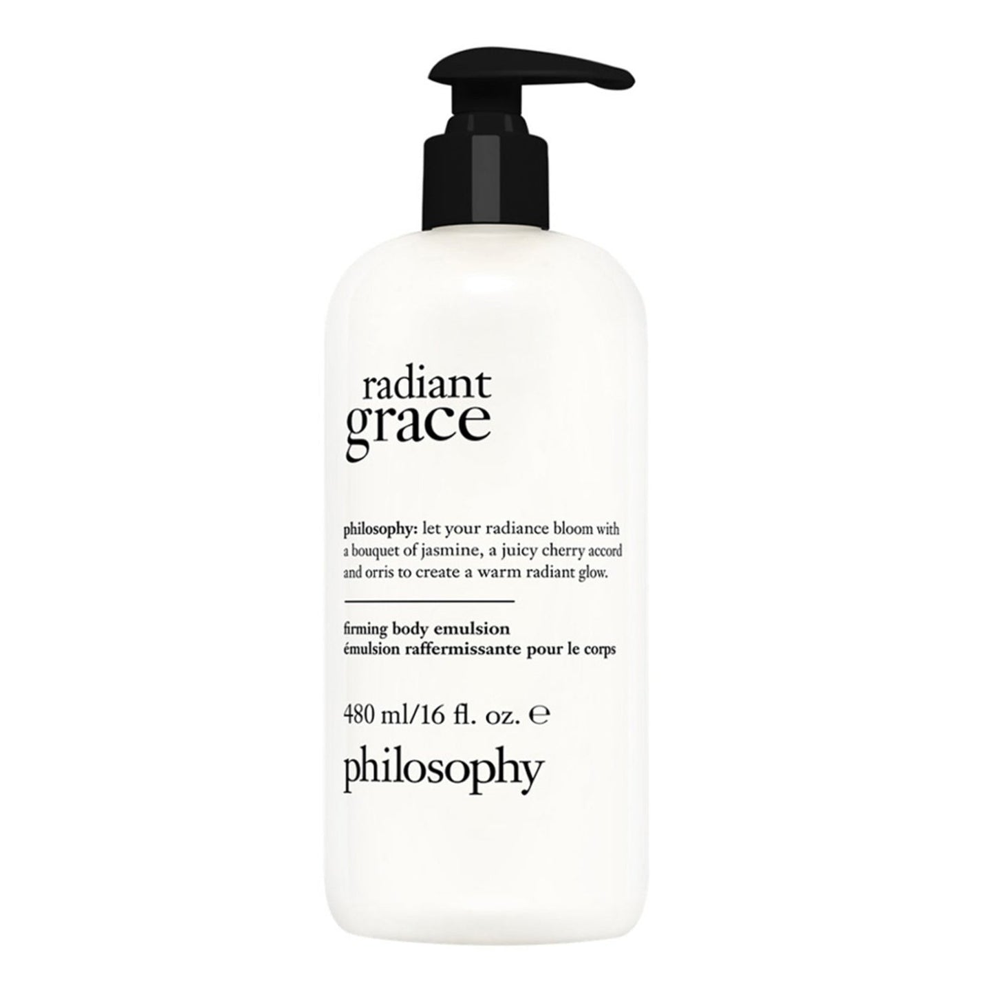 Radiant Grace Firming Body Emulsion by Philosophy in sleek white bottle. Ideal for body care, promoting radiant, firmer-looking skin.