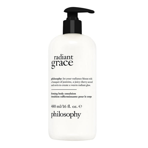 Radiant Grace Firming Body Emulsion by Philosophy in sleek white bottle. Ideal for body care, promoting radiant, firmer-looking skin.