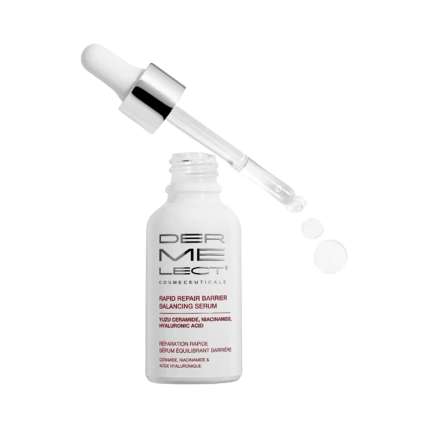 Open Dermelect Rapid Repair Face Serum with dropper dispensing clear serum. Infused with hyaluronic acid, niacinamide, and prebiotics for skin renewal.