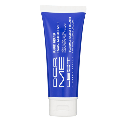 Dermelect Cosmeceuticals Rapid Repair Facial Moisturizer in blue tube with white cap, ideal for dry skin hydration and facial repair.