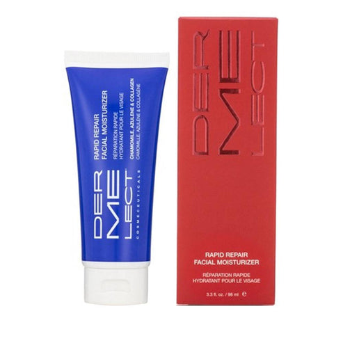 Dermelect Rapid Repair Moisturizer with product box, featuring soothing natural formula for facial hydration and skin revitalization.