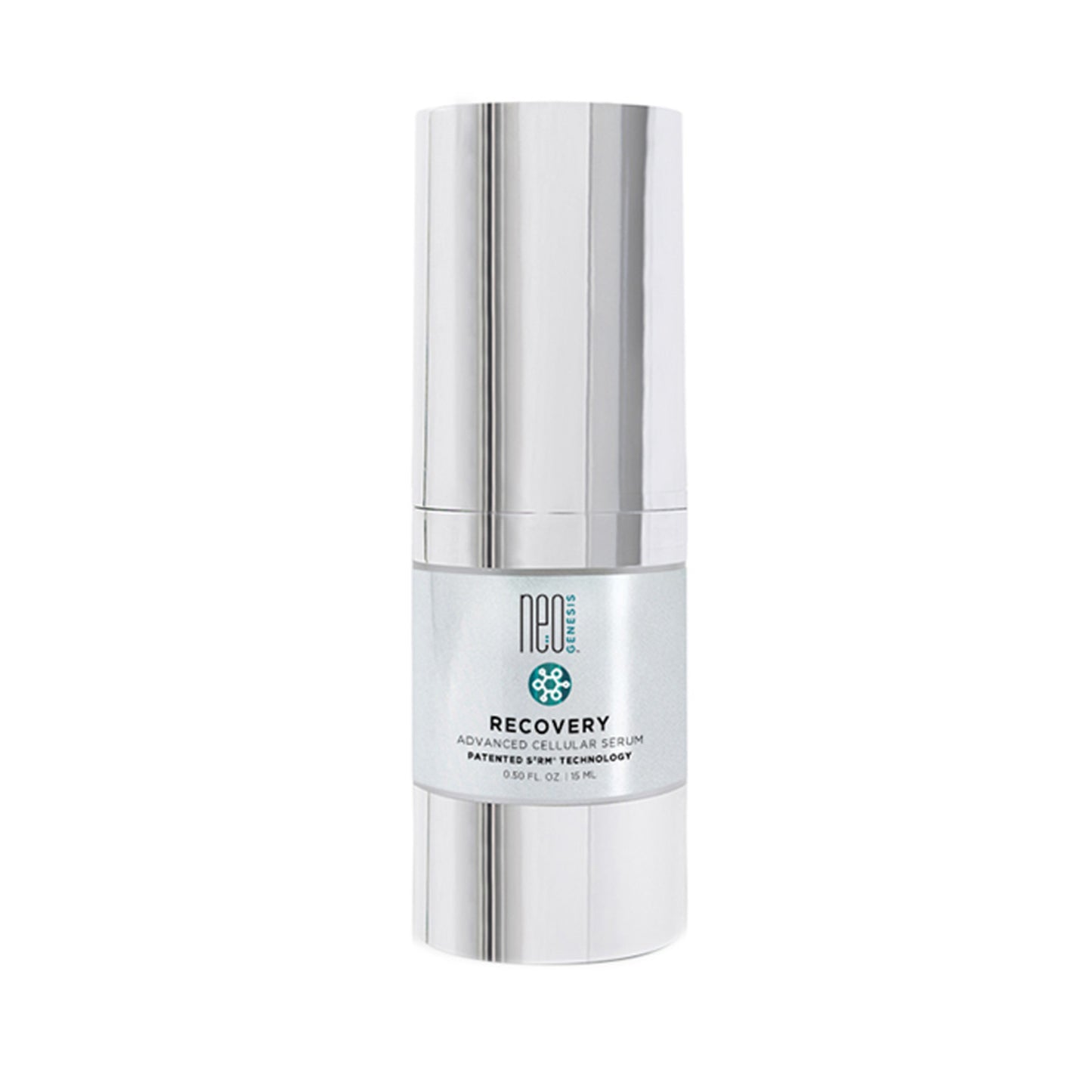 NeoGenesis Recovery Face Serum 5 mL in sleek silver bottle. Targets fine lines and blemishes with lactic acid and collagen support.