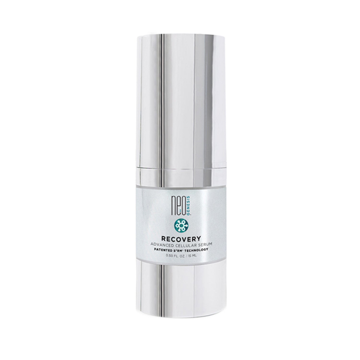 NeoGenesis Recovery Face Serum 5 mL in sleek silver bottle. Targets fine lines and blemishes with lactic acid and collagen support.