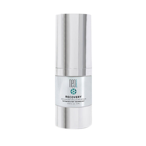 NeoGenesis Recovery Face Serum 5 mL in sleek silver bottle. Targets fine lines and blemishes with lactic acid and collagen support.