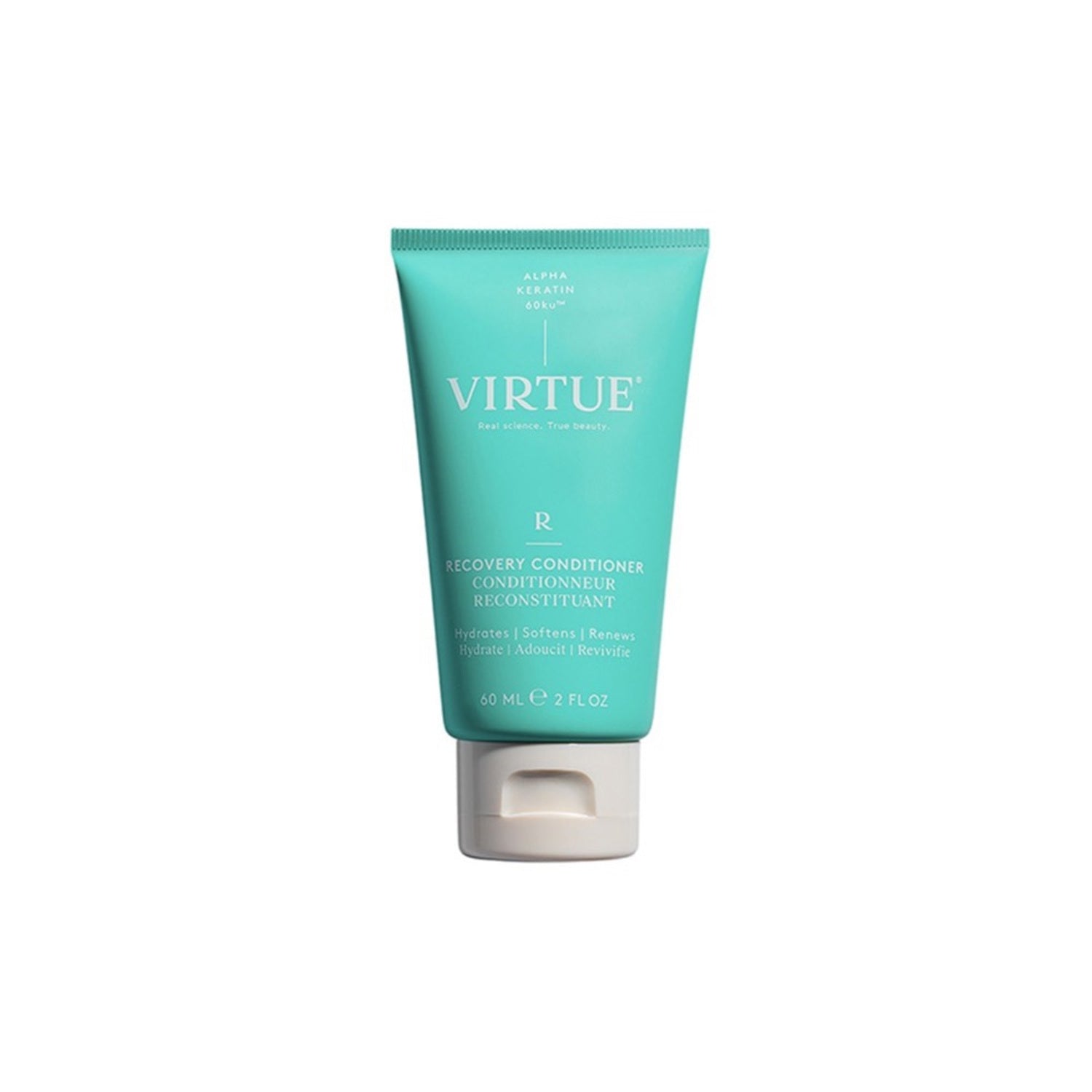 Virtue Recovery Conditioner 60ml travel-size for regenerating damaged hair. Perfect for hydration and revitalization on the go.