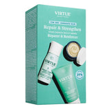 Virtue Recovery Discovery Kit for dry, damaged hair featuring shampoo, conditioner, and mask with Alpha Keratin 60ku to nourish and repair strands.