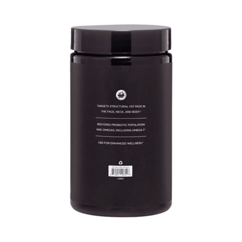 Side view of Osmosis Recovery Gel Caps bottle highlighting benefits like fat pad renewal, omega support, and enhanced wellness with CBD.