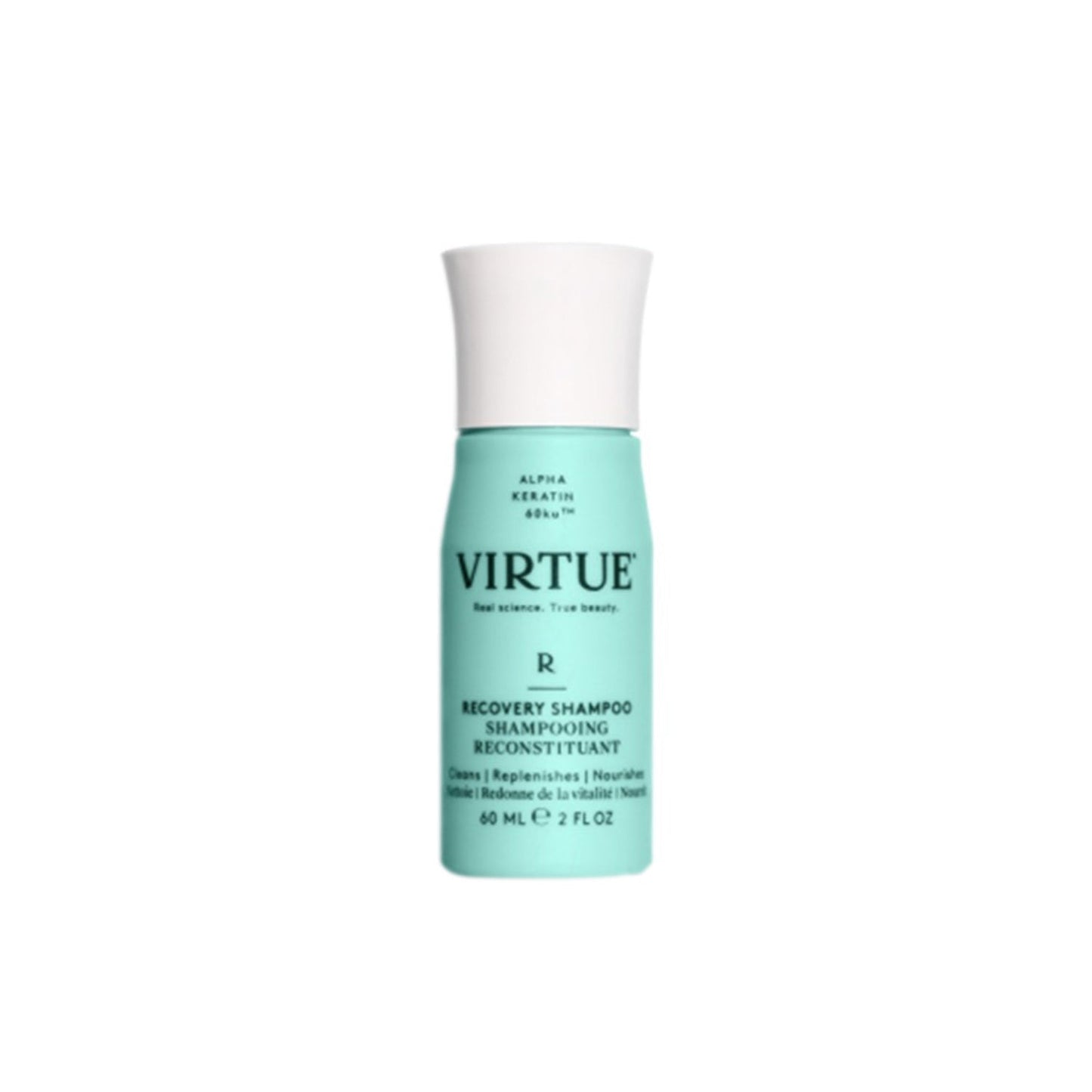 Virtue Recovery Shampoo 60ml travel size bottle for cleansing and nourishing damaged hair. Ideal for replenishing hair health on the go.