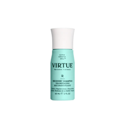 Virtue Recovery Shampoo 60ml travel size bottle for cleansing and nourishing damaged hair. Ideal for replenishing hair health on the go.