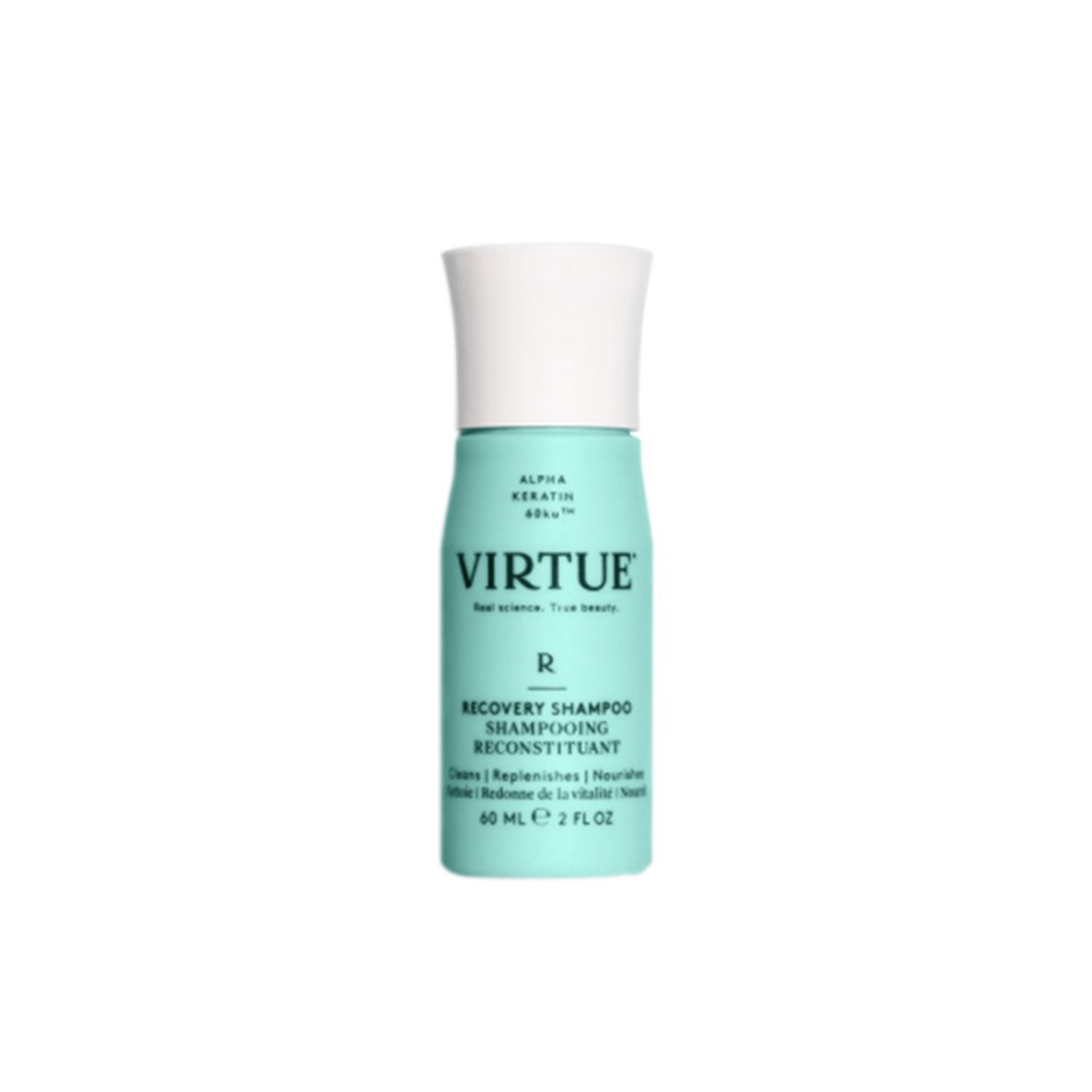 Virtue Recovery Shampoo 60ml compact bottle designed to cleanse and restore hair vitality. Perfect for travel and daily hair care routines.