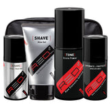 Rhonda Allison Shave Set - Men's Ultimate Shaving Set with aloe gel, post oil, toner, and moisturizer in travel pouch for anti-aging skin care.