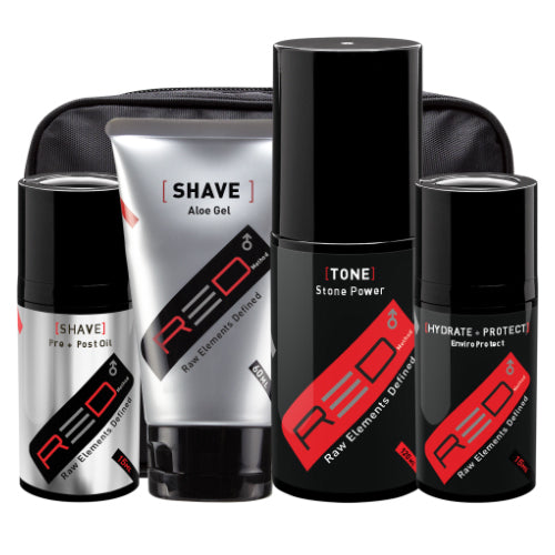 Rhonda Allison Shave Set - Men's Ultimate Shaving Set with aloe gel, post oil, toner, and moisturizer in travel pouch for anti-aging skin care.