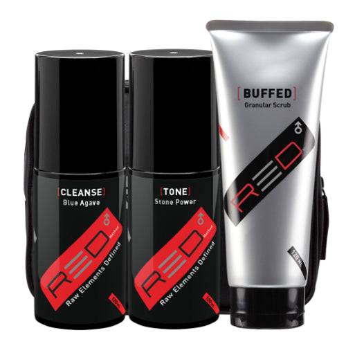 Rhonda Allison Red Method Total Cleanse men's facial cleanser kit with Blue Agave Cleanse, Stone Power Tone, and Buffed Granular Scrub.